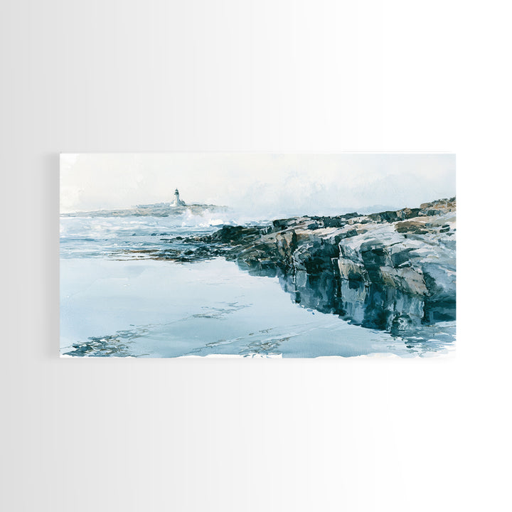 Dramatic Lighthouse in Distant Spray Canvas Print, Seascape Art, Coastal Decor, Watercolor Art, Seascape, Printable Art, SEA-2x1-98