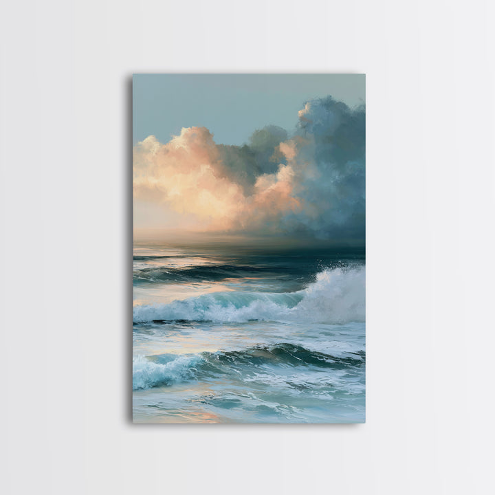 Whitecaps Rolling under Storm Light Framed Canvas Print, Seascape Art, Contemporary Art, Coastal Decor, Oil Painting, Seascape, SEA-2x3-21