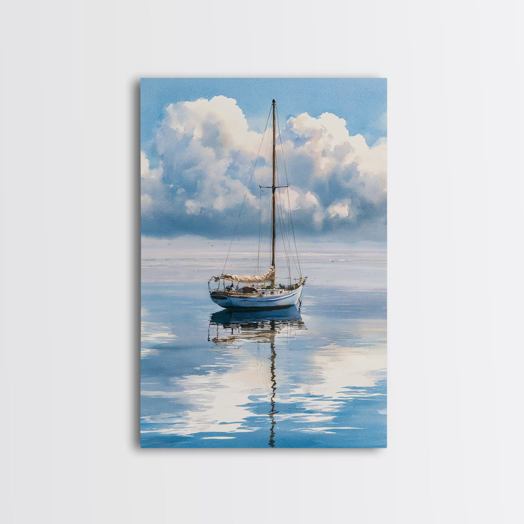 Quiet Sailboat on Glassy Water Framed Canvas Print, Seascape Art, Room Decor, Coastal Decor, Seascape, Digital Wall Art, SEA-2x3-64