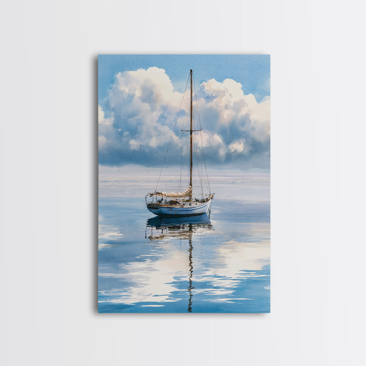 Quiet Sailboat on Glassy Water Framed Canvas Print, Seascape Art, Room Decor, Coastal Decor, Seascape, Digital Wall Art, SEA-2x3-64