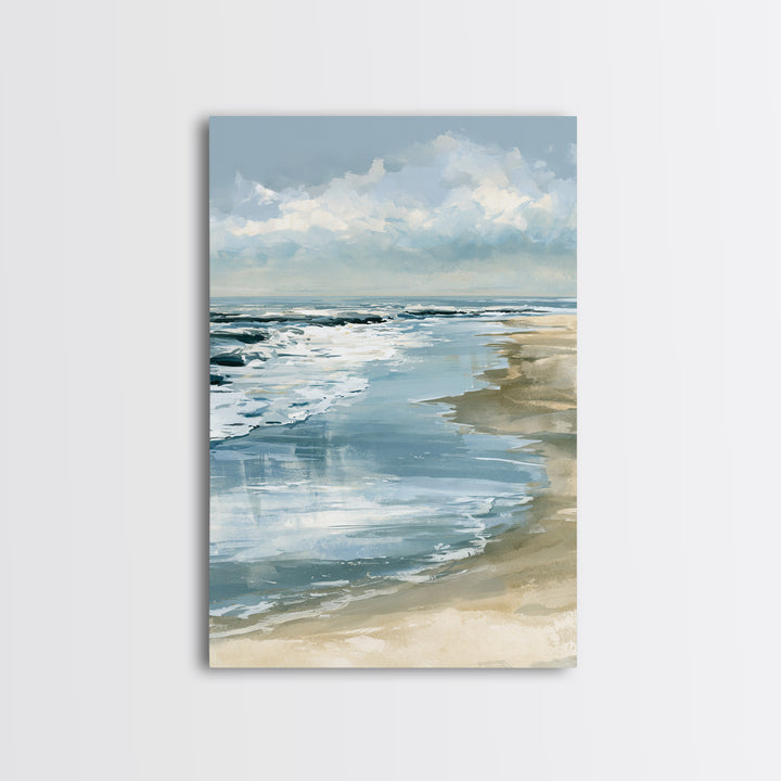 Golden Beach Tide at Low Water Framed Canvas Print, Seascape Art, Digital Prints, Coastal Decor, Watercolor Art, Seascape, SEA-2x3-98