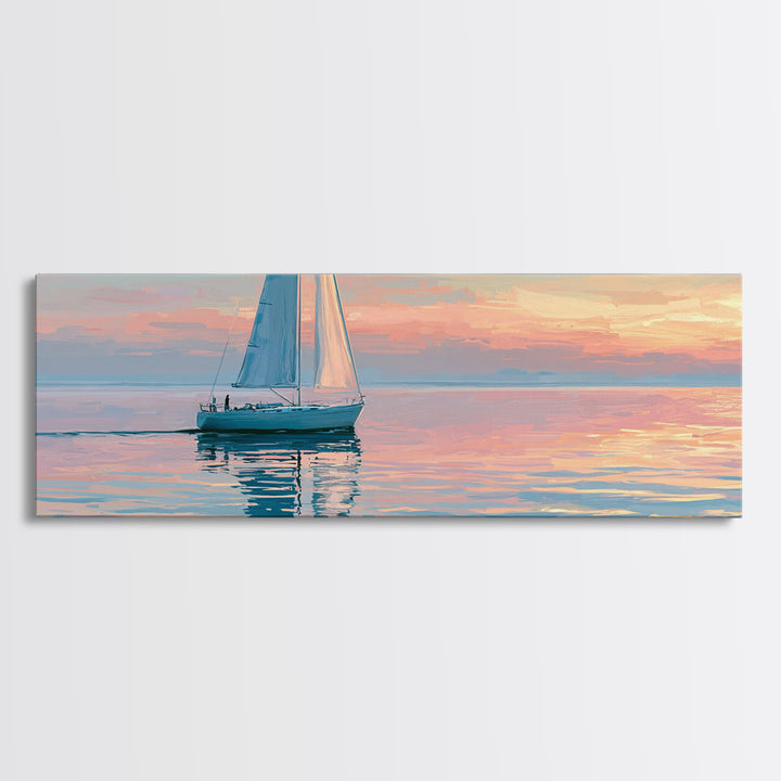 Quiet Sailboat on Glassy Water Canvas Print, Seascape Art, Abstract Painting, Coastal Decor, Fine Art, Seascape, Room Decor, SEA-3x1-24