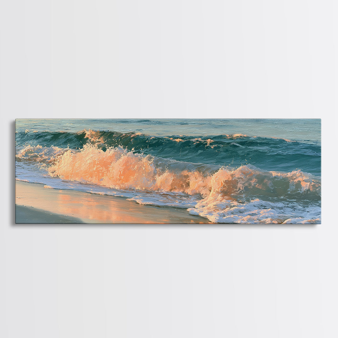 Sunset Surf Glowing Orange and Pink Framed Canvas Print, Seascape Art, Wall Decor, Coastal Decor, Fine Art, Seascape, SEA-3x1-44