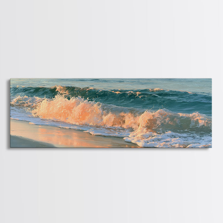 Sunset Surf Glowing Orange and Pink Framed Canvas Print, Seascape Art, Wall Decor, Coastal Decor, Fine Art, Seascape, SEA-3x1-44
