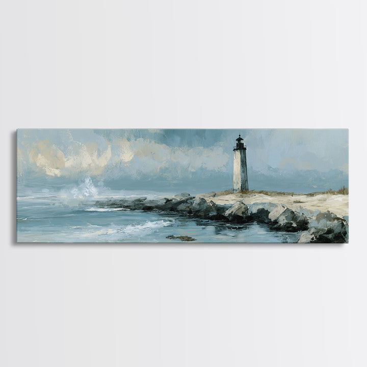 Dramatic Lighthouse in Distant Spray Canvas Print, Seascape Art, Digital Print, Coastal Decor, Seascape, Watercolor Art, SEA-3x1-46