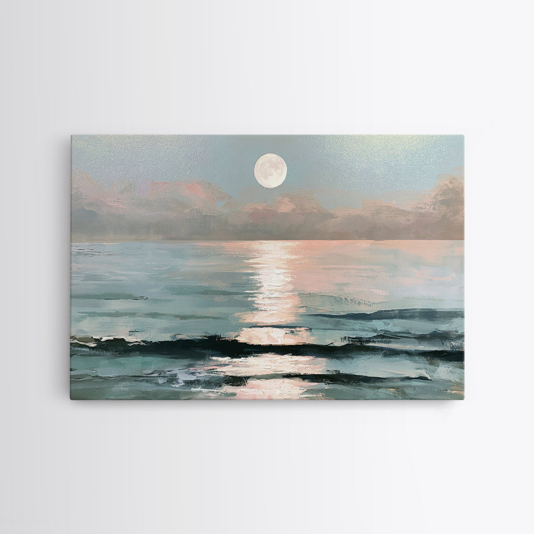 Moonlit Ocean with Silver Path of Light Framed Canvas Print, Seascape Art, Bedroom Wall Art, Coastal Decor, Watercolor Art, SEA-3x2-31