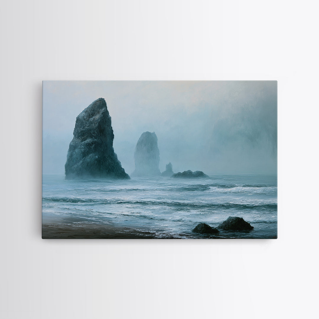 Sea Stack Rocks Framed Canvas Print, Seascape Art, Room Decor, Coastal Decor, Oil Painting, Seascape, Digital Wall Art, SEA-3x2-47