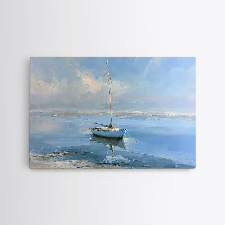 Quiet Sailboat on Glassy Water Framed Canvas Print, Seascape Art, Beach Decor, Coastal Decor, Seascape, Minimalist Decor, SEA-3x2-60