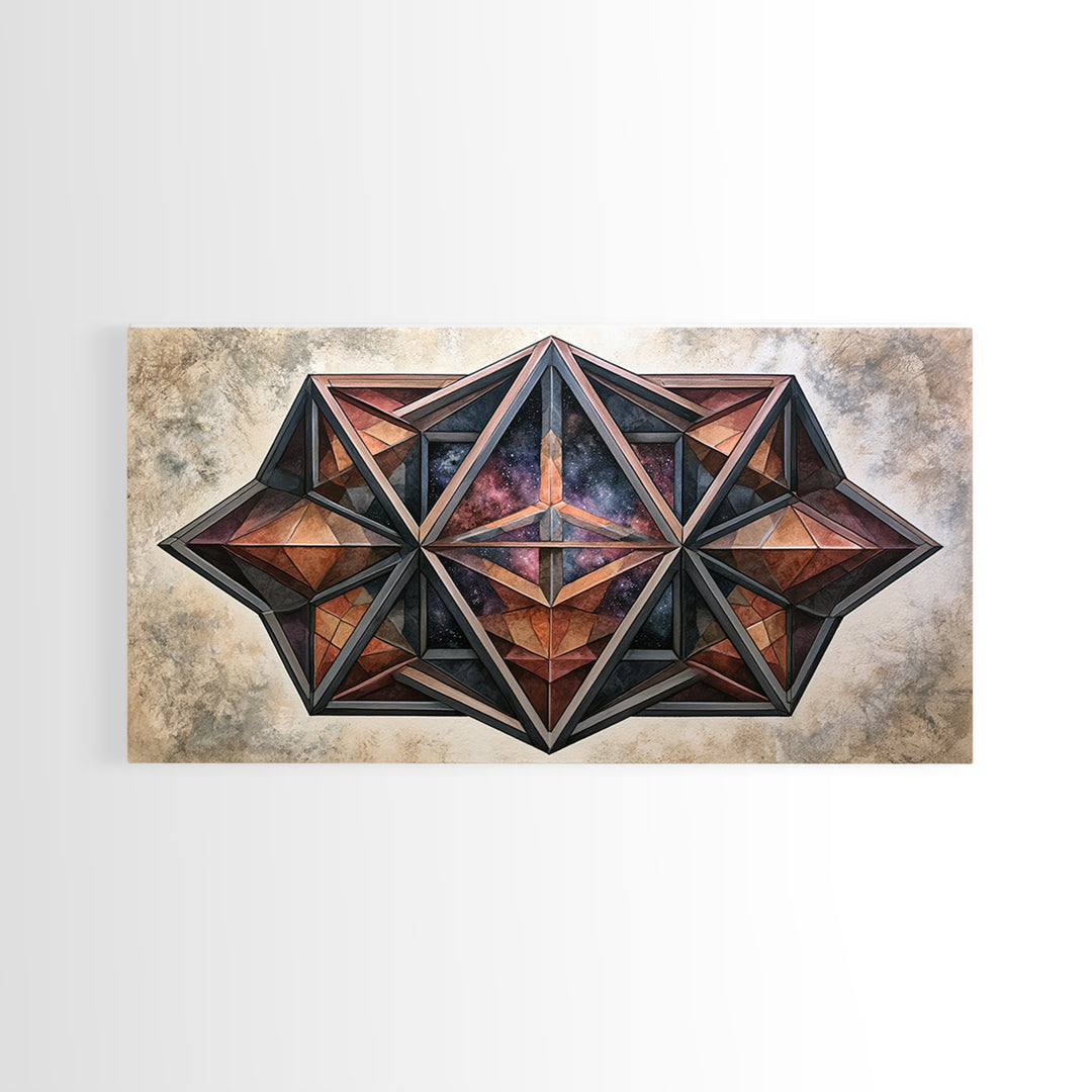Star Tetrahedron with Watercolor Galaxy Wash Canvas Print, Sacred Geometry Art, Wabi Sabi Art, Living Room Decor, Geometry, SGA-2x1-100