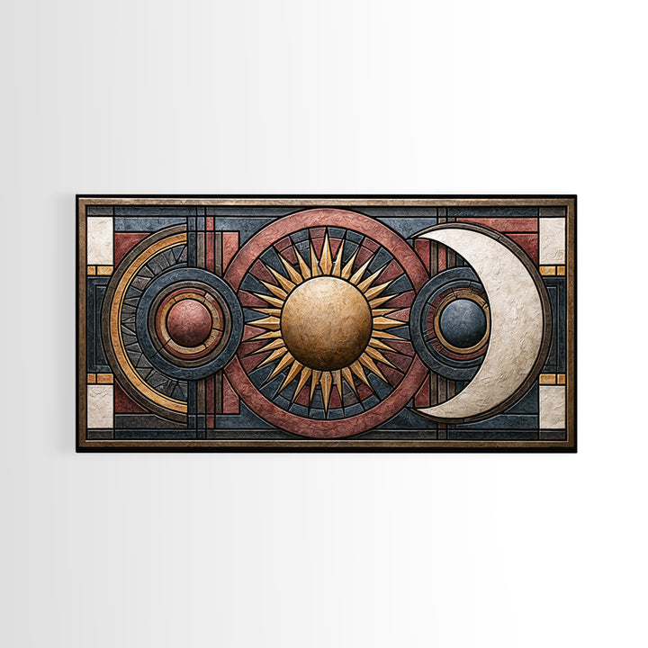 Geometric Sun and Moon Balance Design Framed Canvas Print, Sacred Geometry Art, Wall Hanging, Living Room Decor, Geometry, SGA-2x1-72