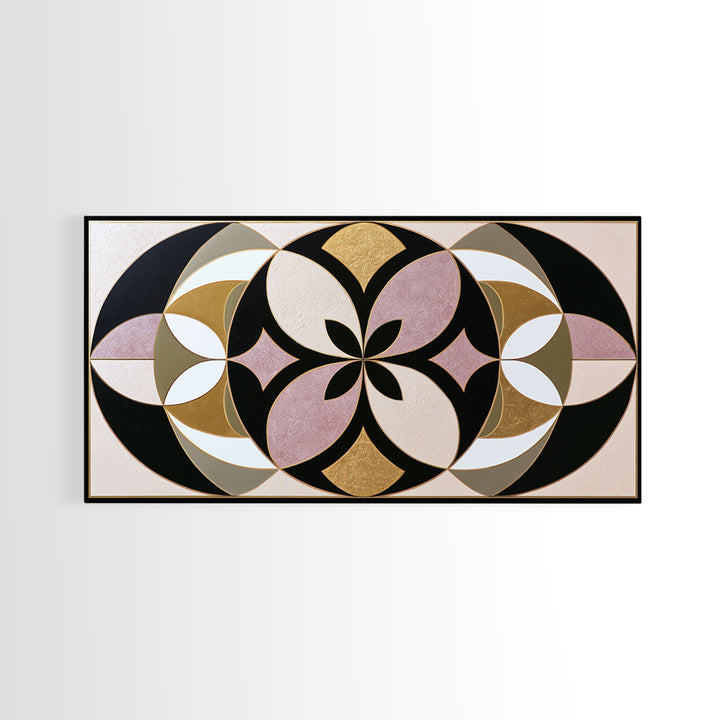 Black and Gold Geometric Rosette Framed Canvas Print, Sacred Geometry Art, Midcentury Modern, Living Room Decor, Geometry, SGA-2x1-80