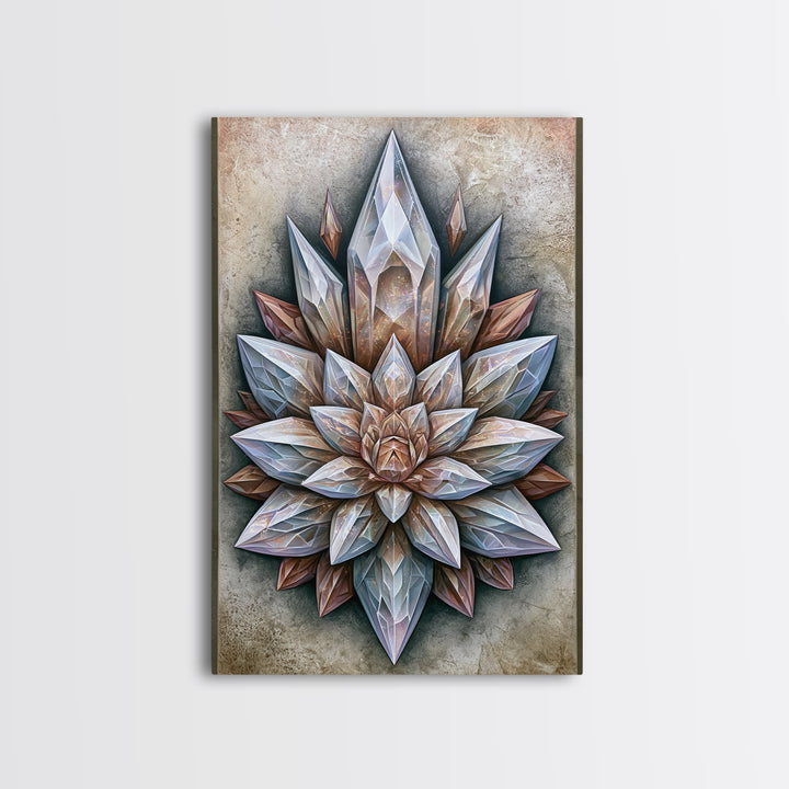 Crystal Lotus Arrangement Framed Canvas Print, Sacred Geometry Art, Boho Wall Decor, Living Room Decor, Fine Art, Geometry, SGA-2x3-28
