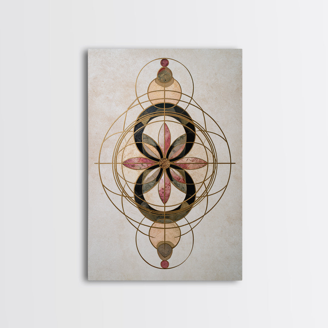 Gold Line Compass Mandala on Parchment Canvas Print, Sacred Geometry Art, Wall Art Print, Living Room Decor, Abstract Art, SGA-2x3-77