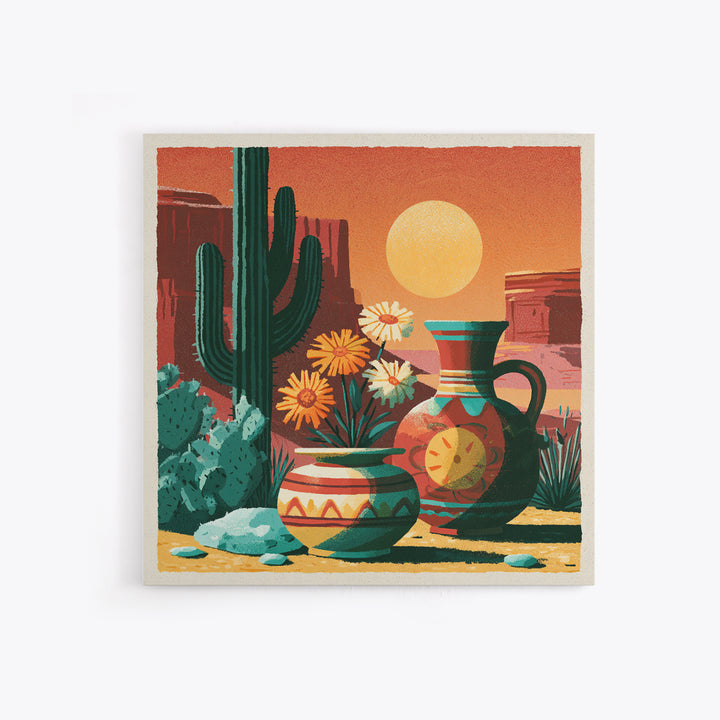Painted Pottery and Desert Wildflowers Framed Canvas Print, Southwestern Art, Boho Decor, Southwestern Decor, Fine Art, Mesa, SOU-1x1-16