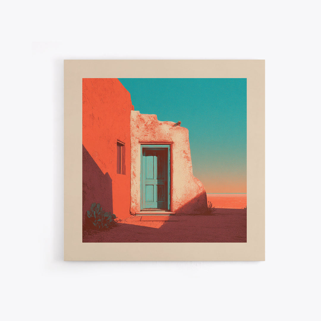Adobe Doorway with Turquoise Blue Shadow Framed Canvas Print, Southwestern Art, Textured Painting, Southwestern Decor, Mesa, SOU-1x1-29