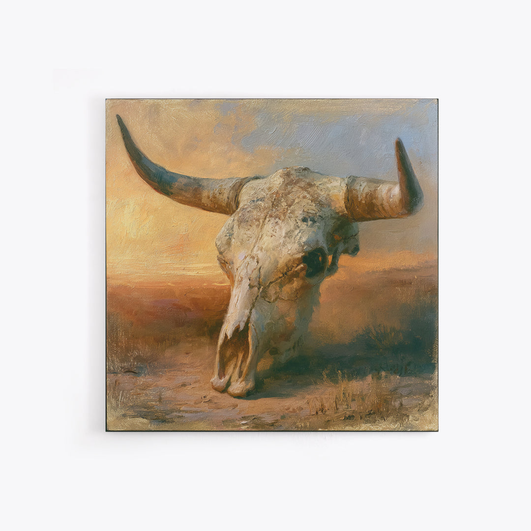 Sun Bleached Longhorn Skull Still Life Framed Canvas Print, Southwestern Art, Southwestern Decor, Abstract Art, Mesa, SOU-1x1-33