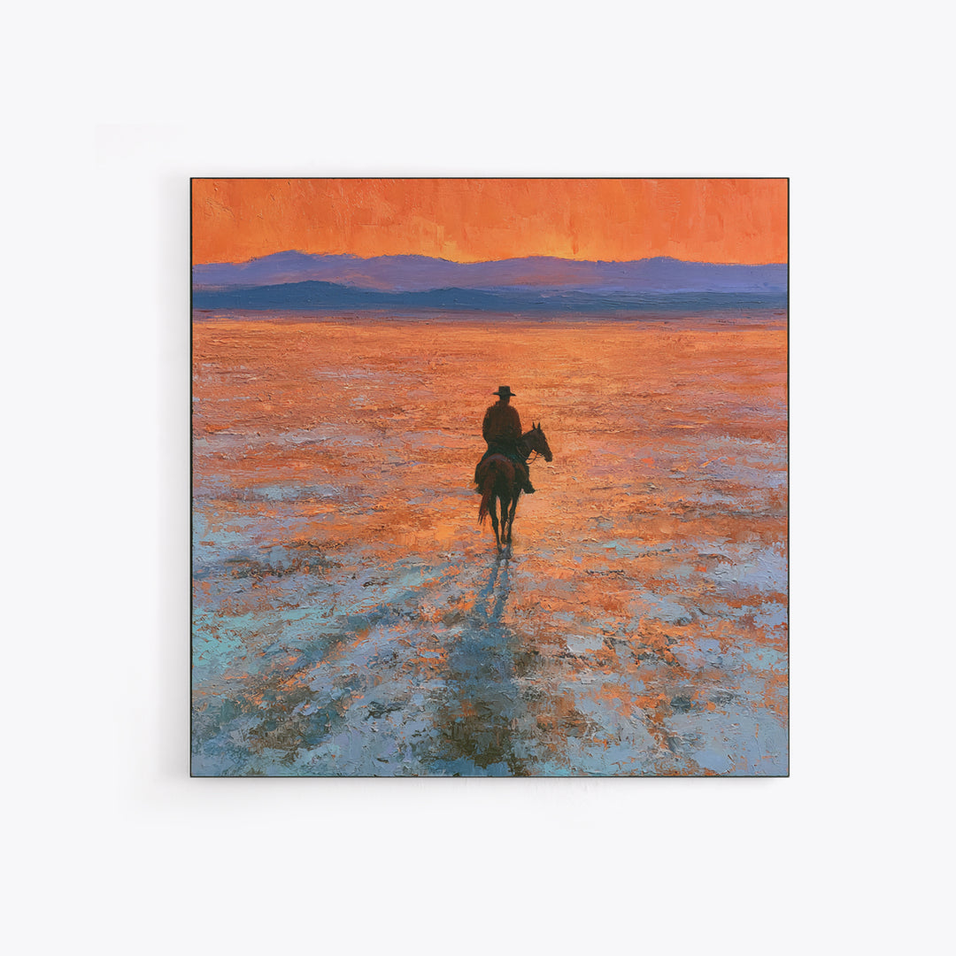 Horse Rider Crossing Desert at Dusk Framed Canvas Print, Southwestern Art, Farmhouse Wall Art, Southwestern Decor, Mesa, SOU-1x1-43
