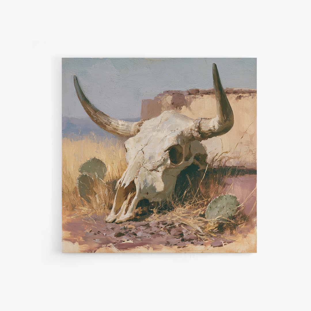 Sun Bleached Longhorn Skull Still Life Framed Canvas Print, Southwestern Art, Southwestern Decor, Abstract Art, Mesa, SOU-1x1-57