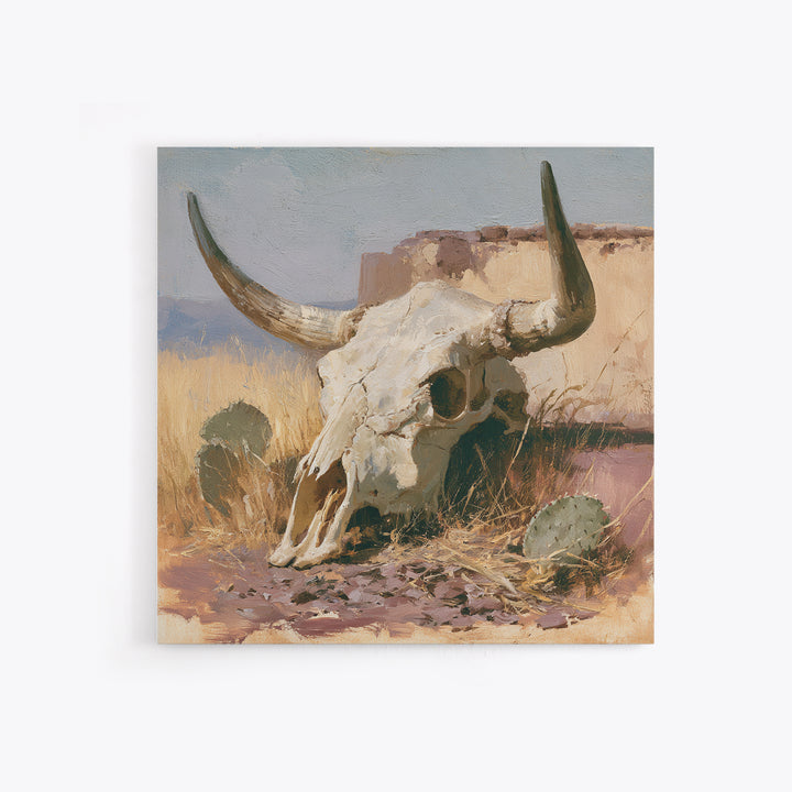 Sun Bleached Longhorn Skull Still Life Framed Canvas Print, Southwestern Art, Southwestern Decor, Abstract Art, Mesa, SOU-1x1-57