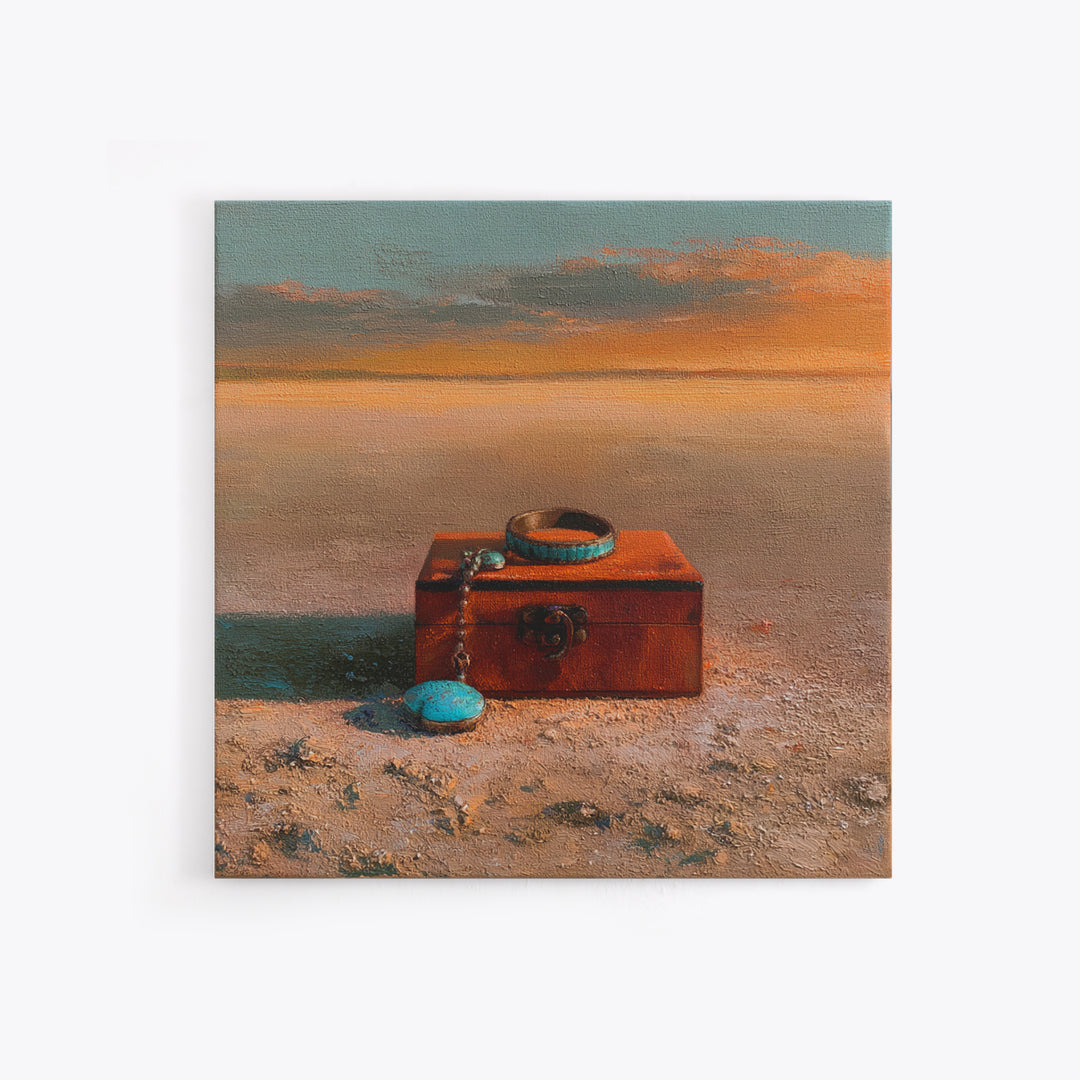 Turquoise Jewelry and Leather Still Life Canvas Print, Southwestern Art, Gallery Decor, Southwestern Decor, Fine Art, Mesa, SOU-1x1-59