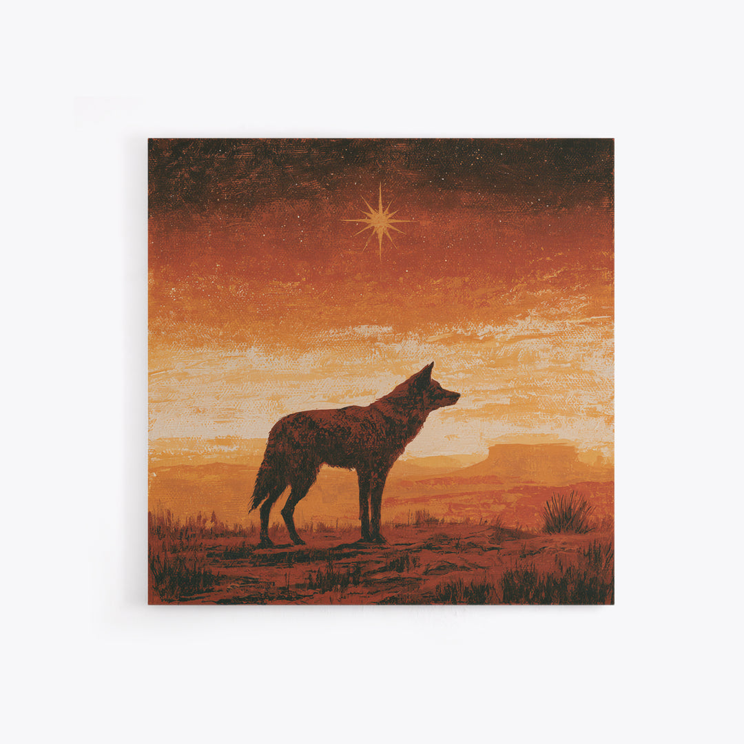 Coyote Silhouette Beneath Starry Sky Framed Canvas Print, Southwestern Art, Neutral Decor, Southwestern Decor, Fine Art, Mesa, SOU-1x1-63