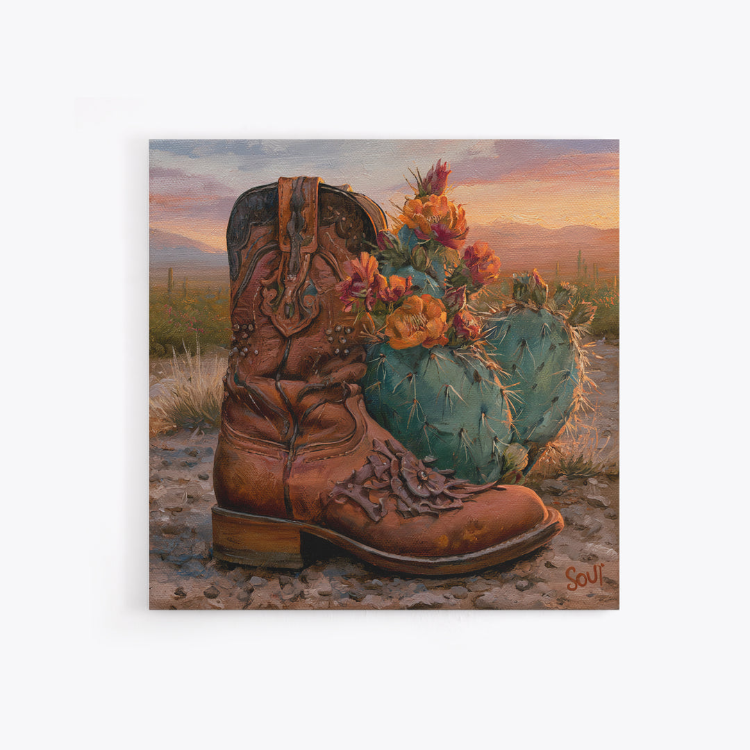 Western Boot with Cactus Blossoms Framed Canvas Print, Southwestern Art, Luxury Decor, Southwestern Decor, Fine Art, Mesa, SOU-1x1-65