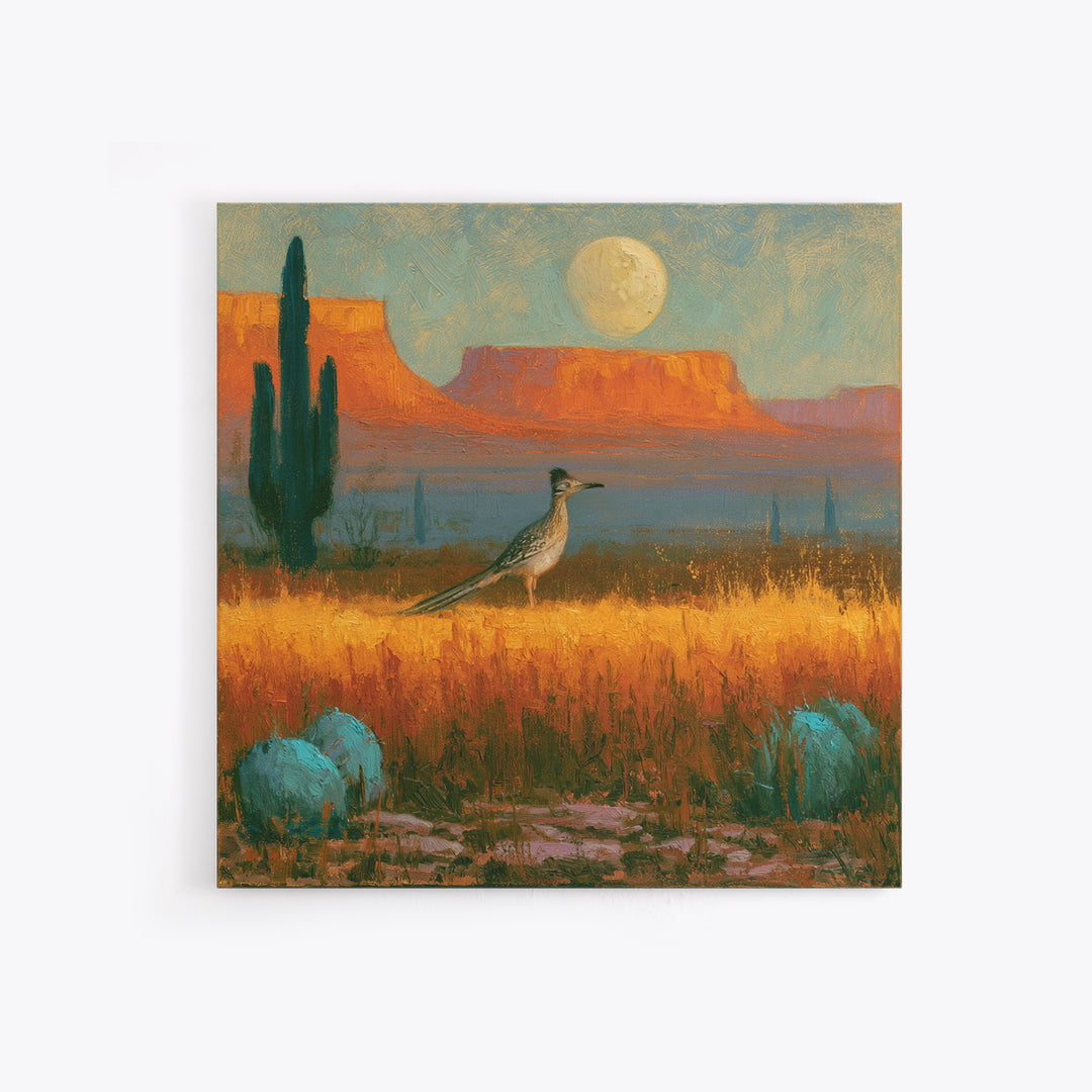 Roadrunner under a Pale Desert Moon Framed Canvas Print, Southwestern Art, Digital Wall Art, Southwestern Decor, Oil Painting, SOU-1x1-8