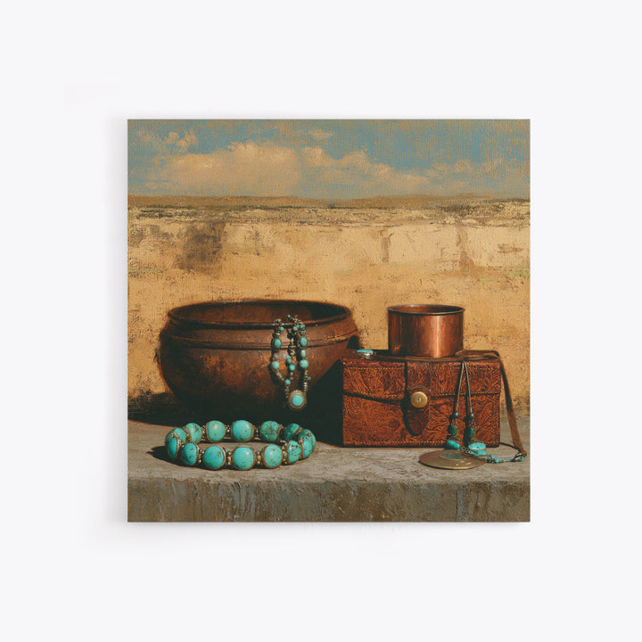 Turquoise Jewelry and Leather Still Life Framed Canvas Print, Southwestern Art, Luxury Decor, Southwestern Decor, Mesa, SOU-1x1-83