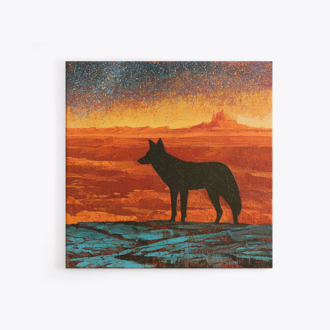 Coyote Silhouette Beneath Starry Sky Canvas Print, Southwestern Art, Art Print, Southwestern Decor, Watercolor Art, Mesa, SOU-1x1-87