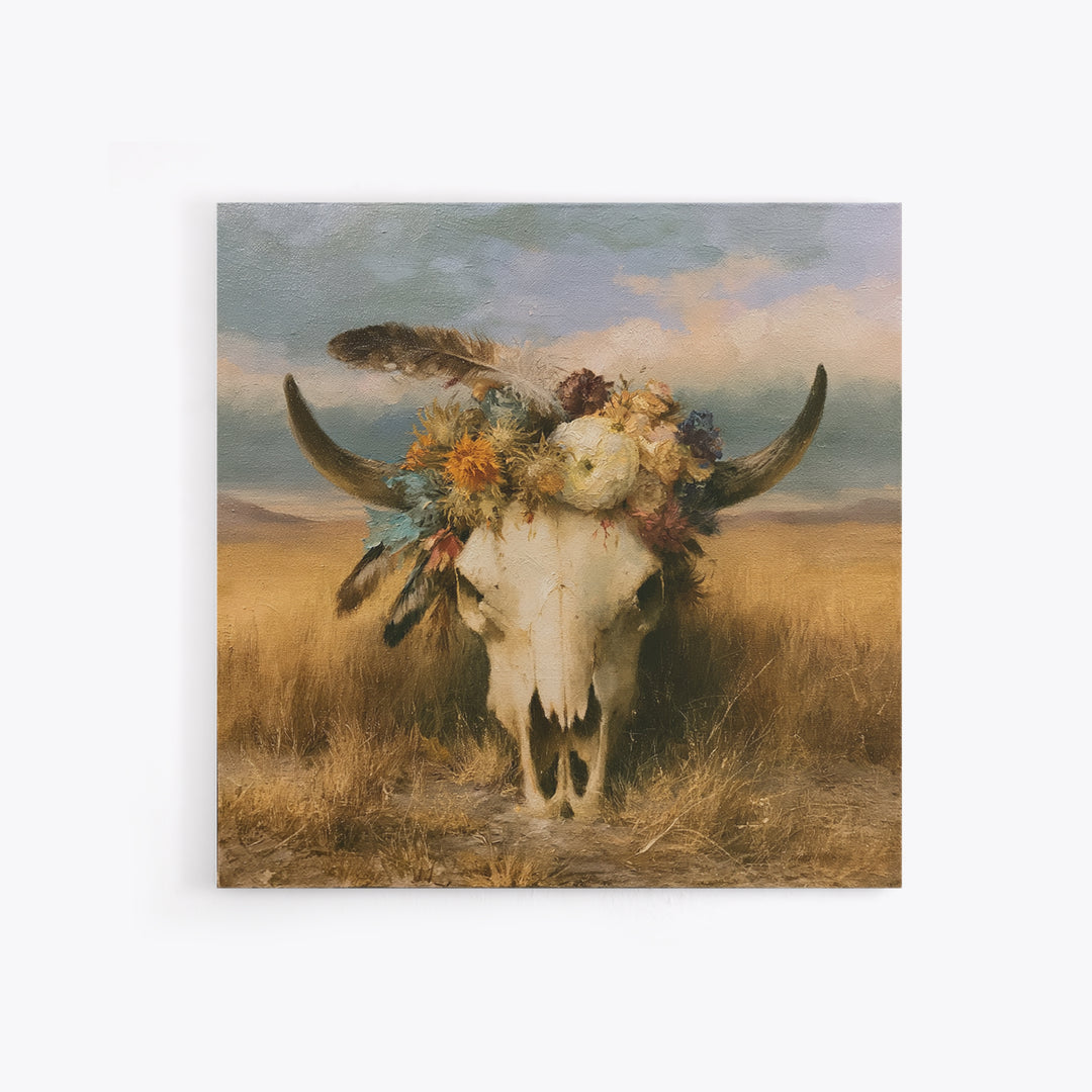 Cow Skull with Desert Flowers and Feathers Canvas Print, Southwestern Art, Wall Decor, Southwestern Decor, Oil Painting, Mesa, SOU-1x1-99