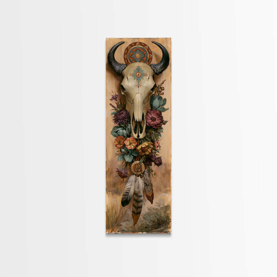 Cow Skull with Desert Flowers and Feathers Framed Canvas Print, Southwestern Art, Printable Art, Southwestern Decor, Mesa, SOU-1x3-15