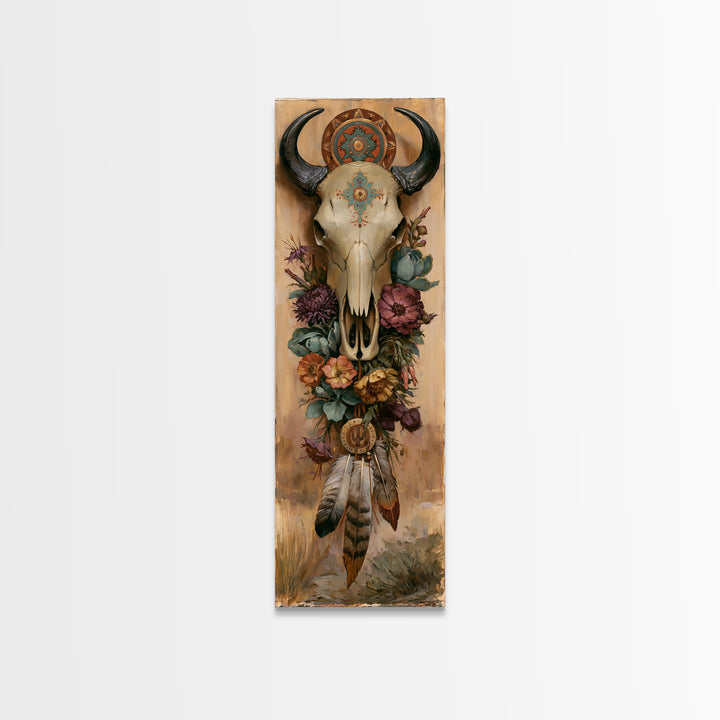 Cow Skull with Desert Flowers and Feathers Framed Canvas Print, Southwestern Art, Printable Art, Southwestern Decor, Mesa, SOU-1x3-15