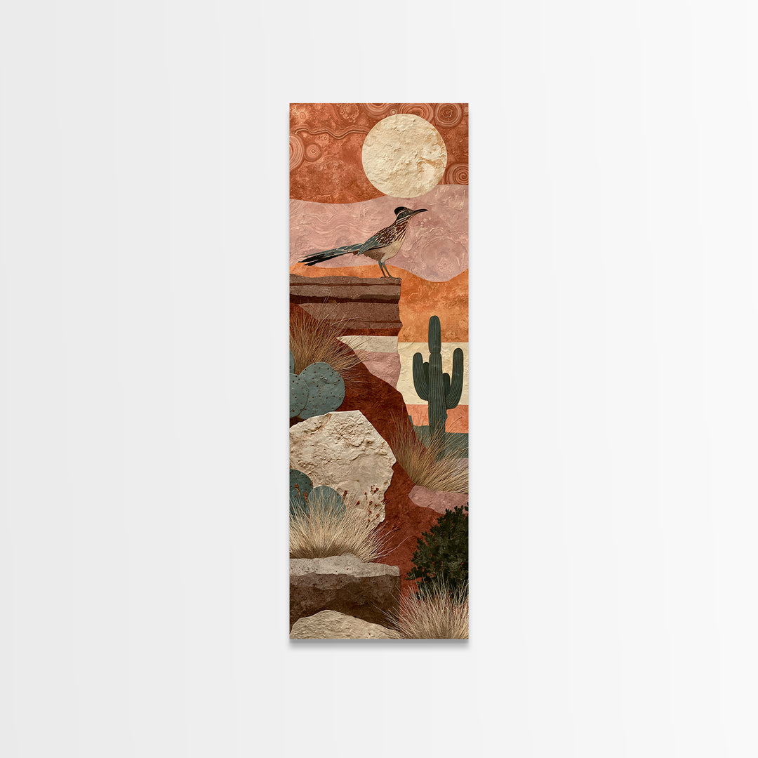 Roadrunner under a Pale Desert Moon Framed Canvas Print, Southwestern Art, Art, Southwestern Decor, Mesa, Boho Wall Decor, SOU-1x3-20