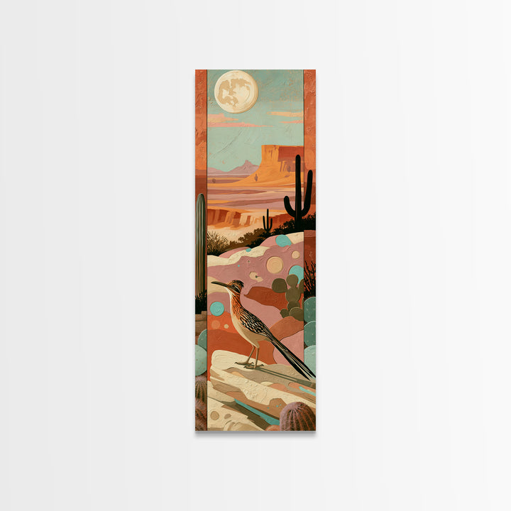 Roadrunner under a Pale Desert Moon Framed Canvas Print, Southwestern Art, Mexican Folk Art, Southwestern Decor, Watercolor Art, SOU-1x3-92