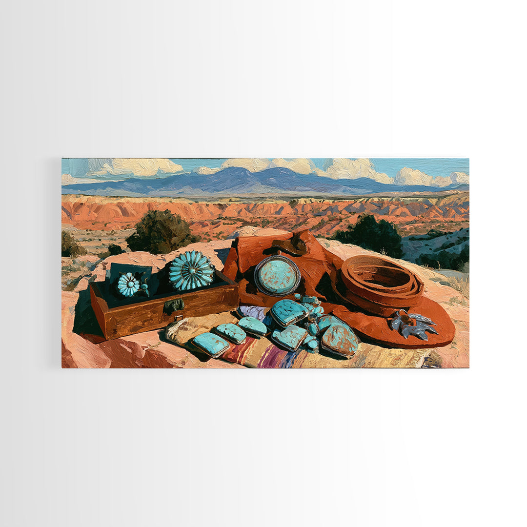 Turquoise Jewelry and Leather Still Life Canvas Print, Southwestern Art, Prints Wall Art, Southwestern Decor, Fine Art, Mesa, SOU-2x1-31