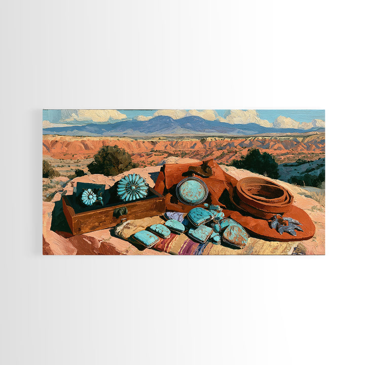 Turquoise Jewelry and Leather Still Life Canvas Print, Southwestern Art, Prints Wall Art, Southwestern Decor, Fine Art, Mesa, SOU-2x1-31