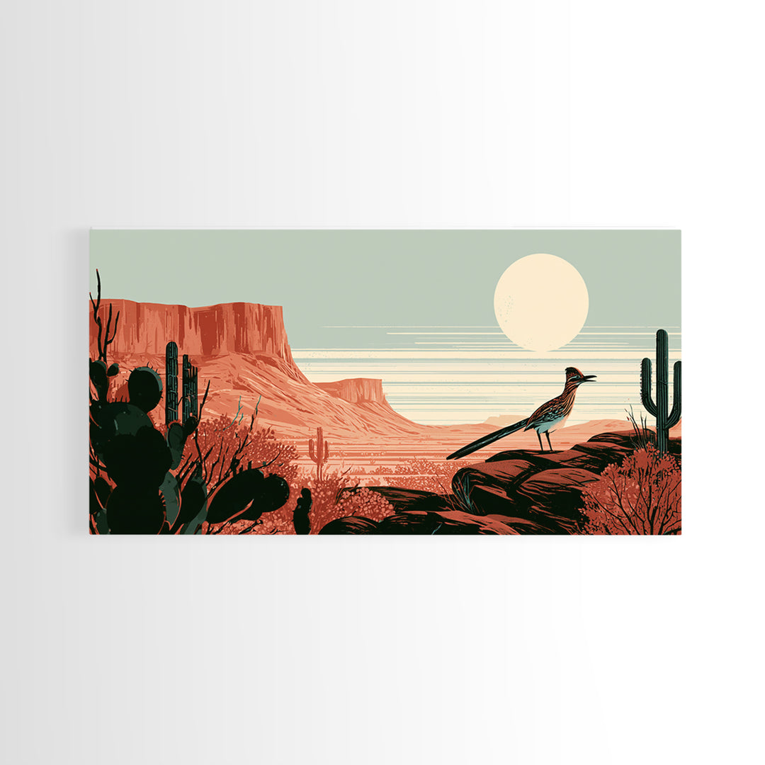 Roadrunner under a Pale Desert Moon Canvas Print, Southwestern Art, Luxury Decor, Southwestern Decor, Oil Painting, Mesa, SOU-2x1-4