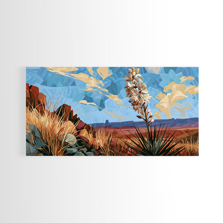 Yucca Blooms Against Clear Blue Sky Framed Canvas Print, Southwestern Art, Art, Southwestern Decor, Mesa, Boho Wall Decor, SOU-2x1-40