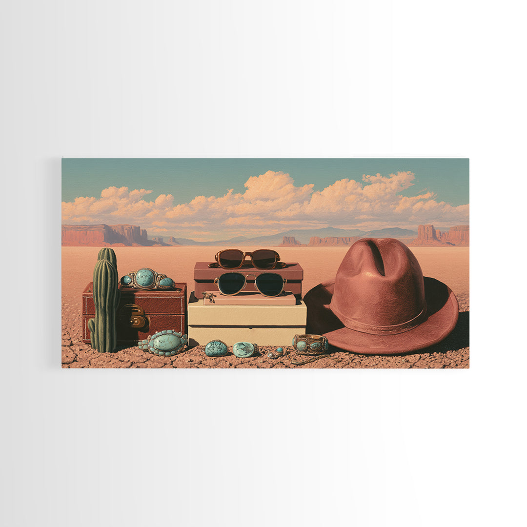 Turquoise Jewelry and Leather Still Life Framed Canvas Print, Southwestern Art, Printable Wall Art, Southwestern Decor, Mesa, SOU-2x1-7