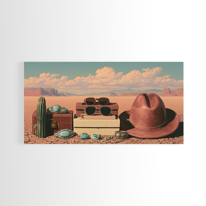 Turquoise Jewelry and Leather Still Life Framed Canvas Print, Southwestern Art, Printable Wall Art, Southwestern Decor, Mesa, SOU-2x1-7