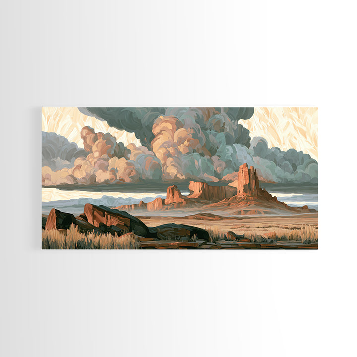 Desert Storm Clouds Framed Canvas Print, Southwestern Art, Tapestry Wall Art, Southwestern Decor, Oil Painting, Mesa, SOU-2x1-80