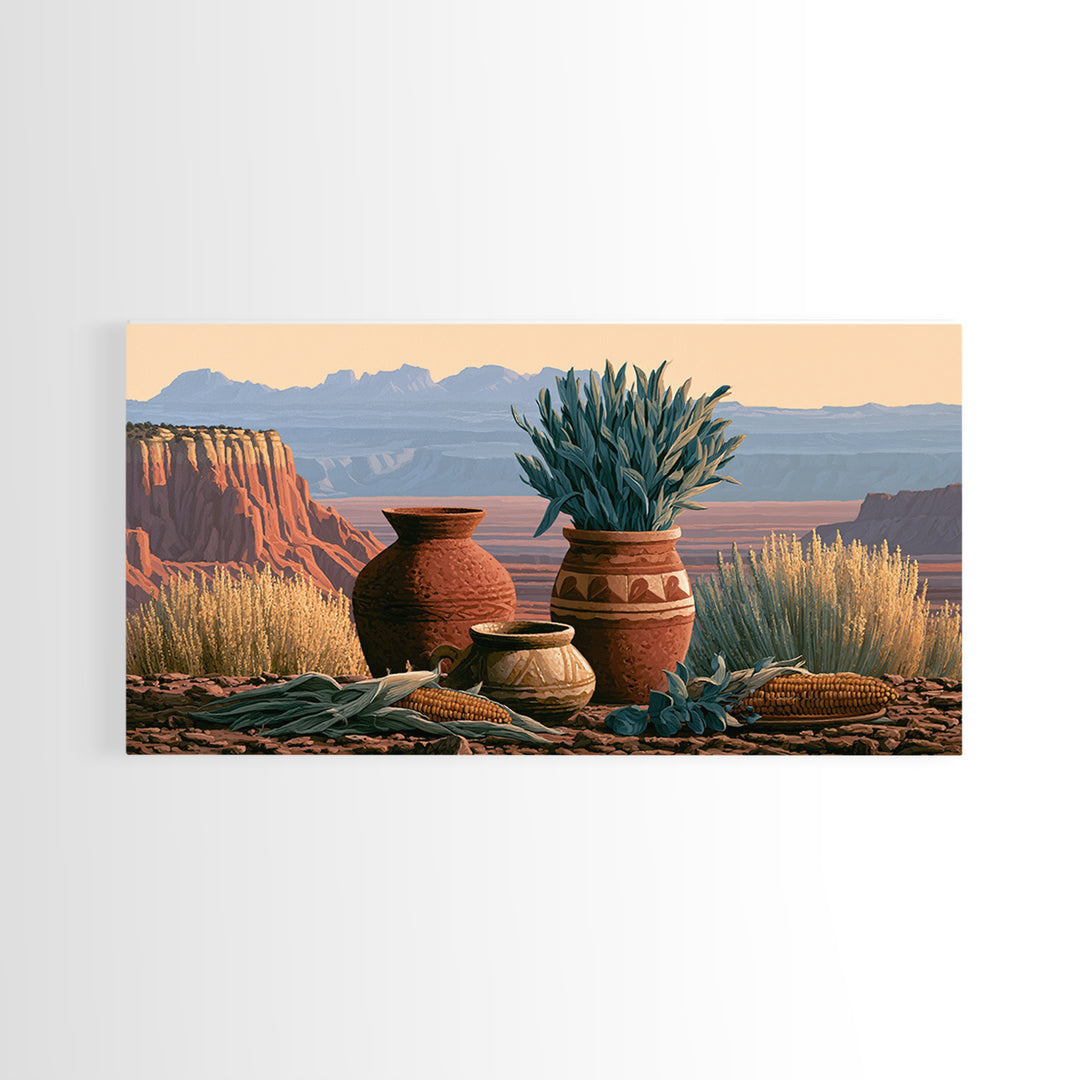Pueblo Pottery Still Life Framed Canvas Print, Southwestern Art, Prints Wall Art, Southwestern Decor, Fine Art, Mesa, SOU-2x1-91