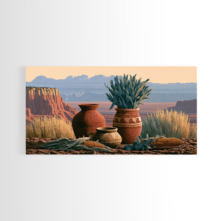 Pueblo Pottery Still Life Framed Canvas Print, Southwestern Art, Prints Wall Art, Southwestern Decor, Fine Art, Mesa, SOU-2x1-91