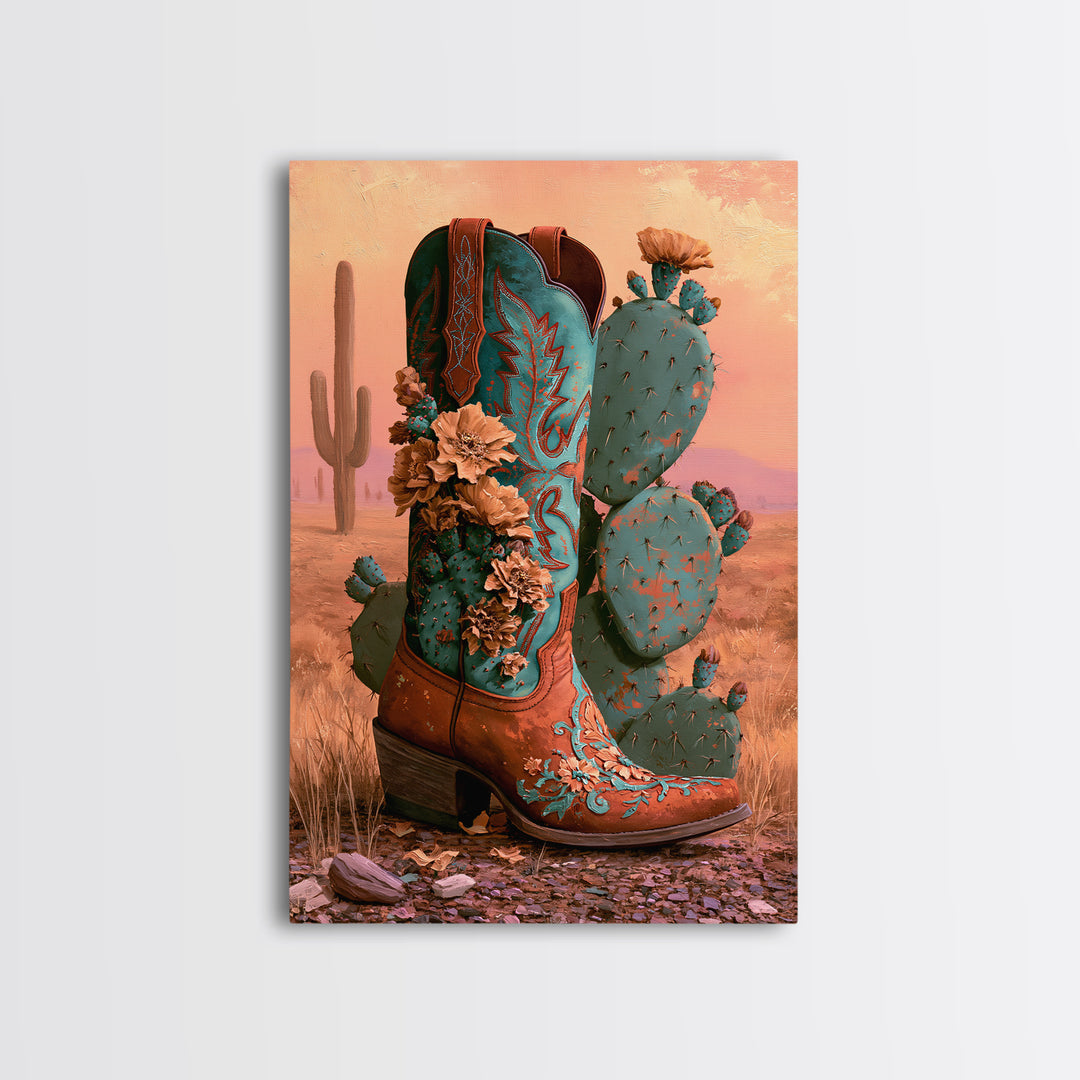 Western Boot with Cactus Blossoms Framed Canvas Print, Southwestern Art, Digital Wall Art, Southwestern Decor, Fine Art, Mesa, SOU-2x3-25