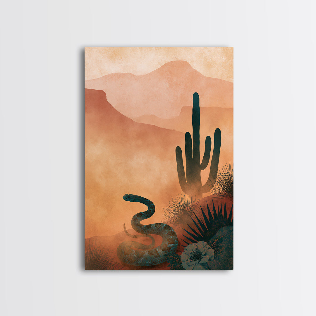 Snake and Desert Flower Composition Framed Canvas Print, Southwestern Art, Minimalist Decor, Southwestern Decor, Oil Painting, SOU-2x3-30