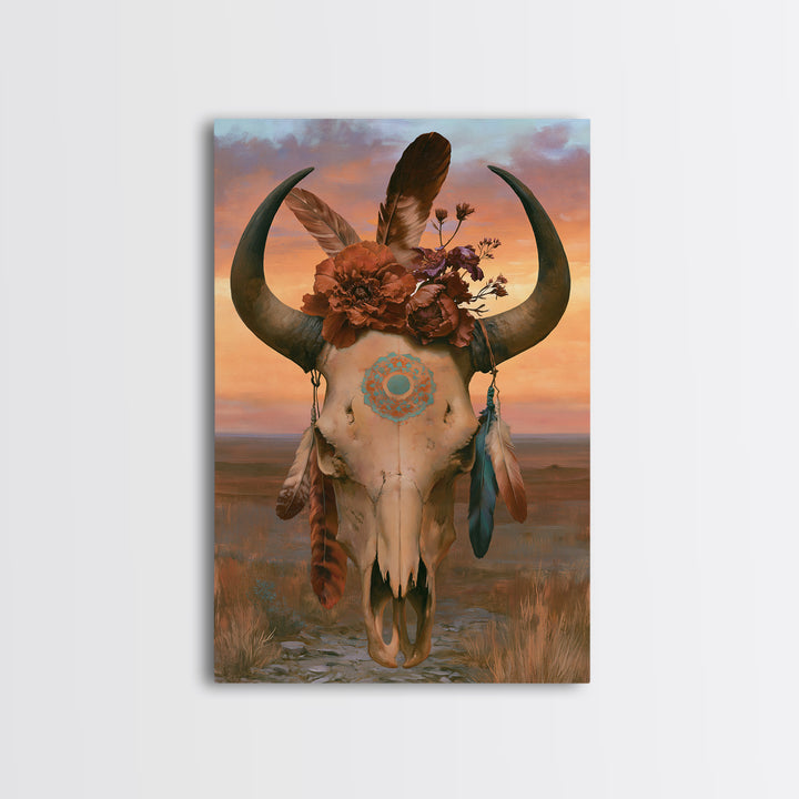 Cow Skull with Desert Flowers and Feathers Canvas Print, Southwestern Art, Southwestern Decor, Watercolor Art, Mesa, SOU-2x3-35