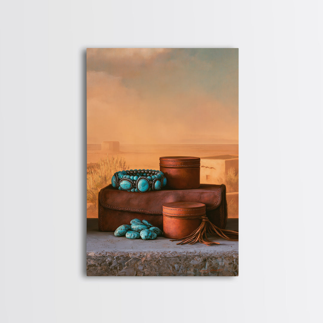 Turquoise Jewelry and Leather Still Life Framed Canvas Print, Southwestern Art, Prints Wall Art, Southwestern Decor, Mesa, SOU-2x3-43