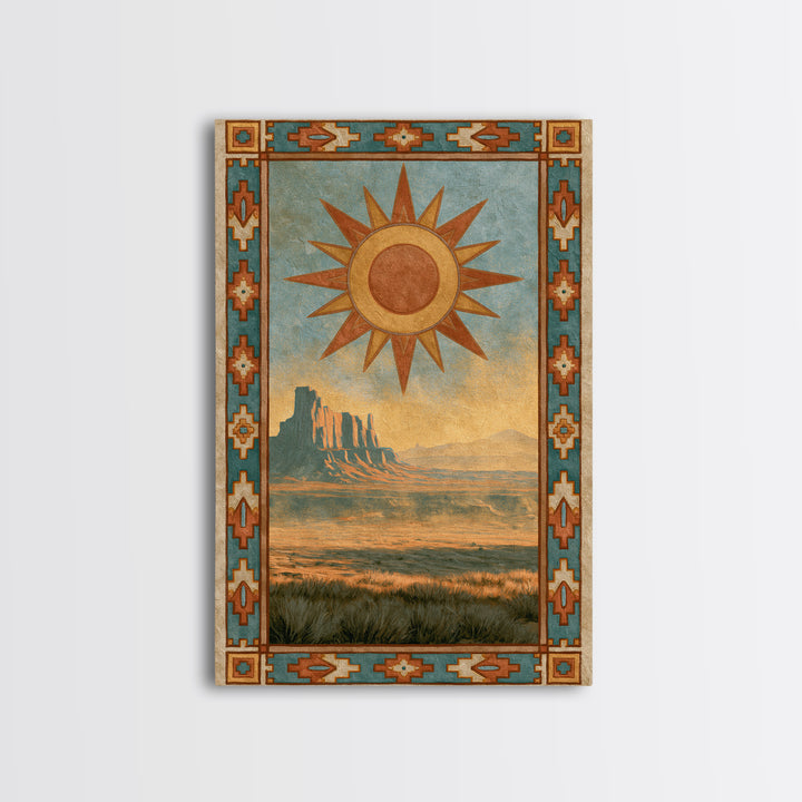 Sun Symbol with Geometric Southwest Border Canvas Print, Southwestern Art, Southwestern Decor, Abstract Art, Mesa, SOU-2x3-5