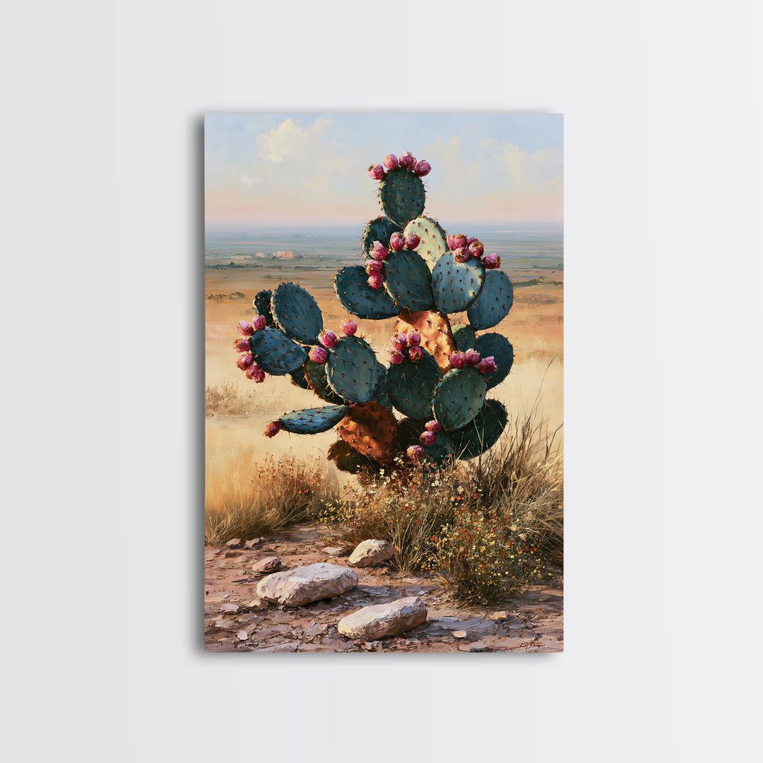 Prickly Pear Cactus Framed Canvas Print, Southwestern Art, Western Art, Southwestern Decor, Fine Art, Mesa, Textured Painting, SOU-2x3-87