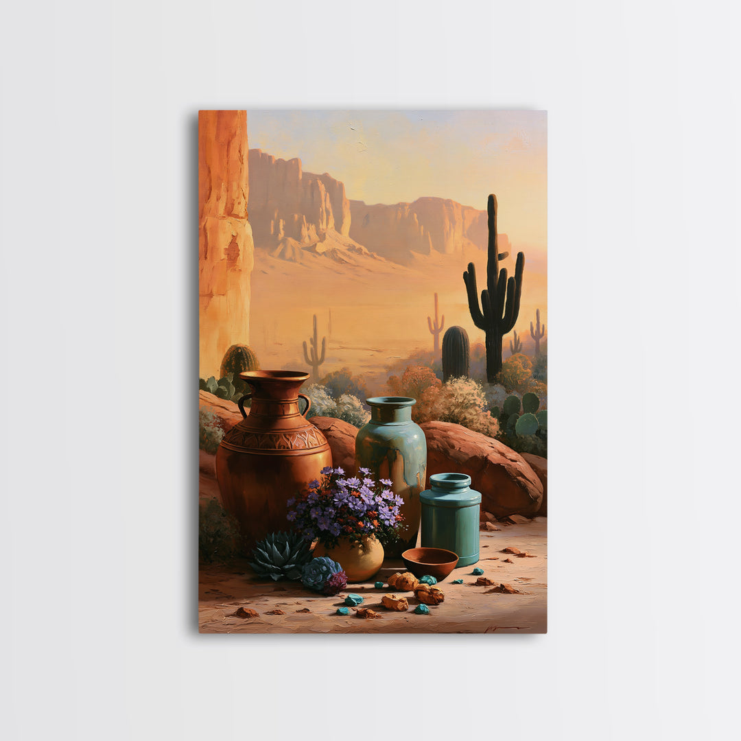 Painted Pottery and Desert Wildflowers Canvas Print, Southwestern Art, Western Wall Art, Southwestern Decor, Watercolor Art, SOU-2x3-96